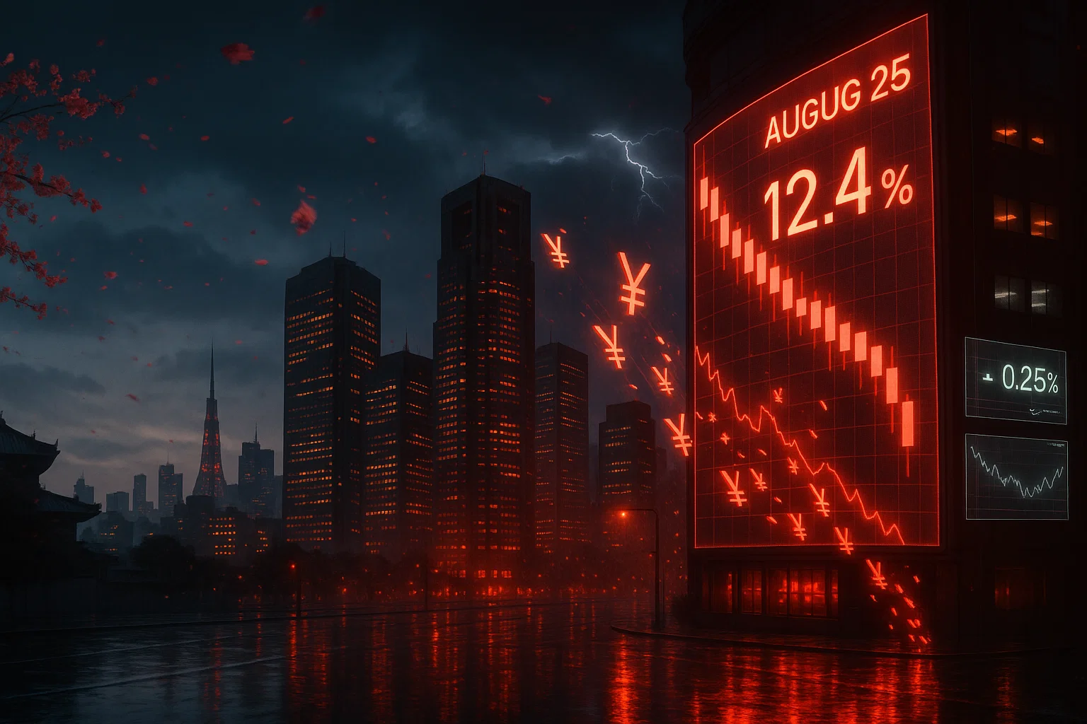 3 1 Japanese cityscape with red display showing August 25 and a 12.4% drop during the 2024 yen carry trade crisis