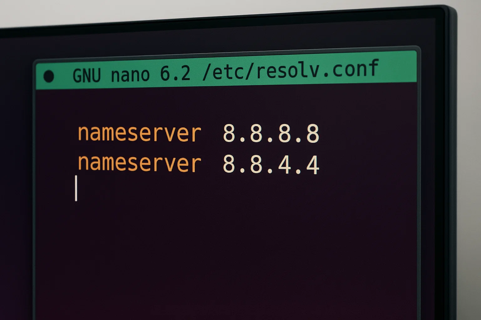 Terminal text editor displaying resolv.conf configuration file with Google DNS nameservers 8.8.8.8 and 8.8.4.4 entries for the Ubuntu system