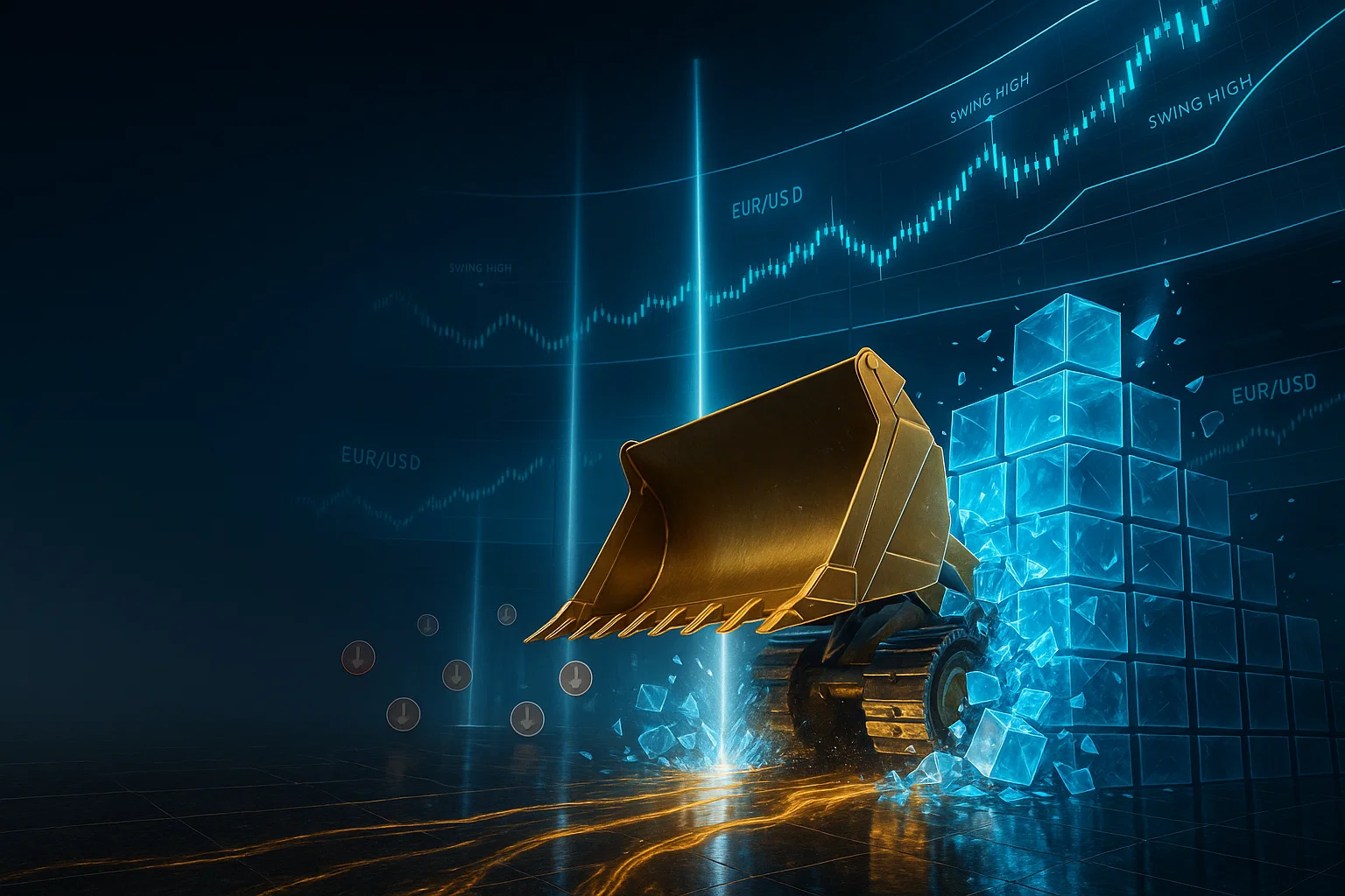 5 1 Golden bulldozer breaking through blue blocks on the EUR/USD chart, showing swing highs and liquidity sweep