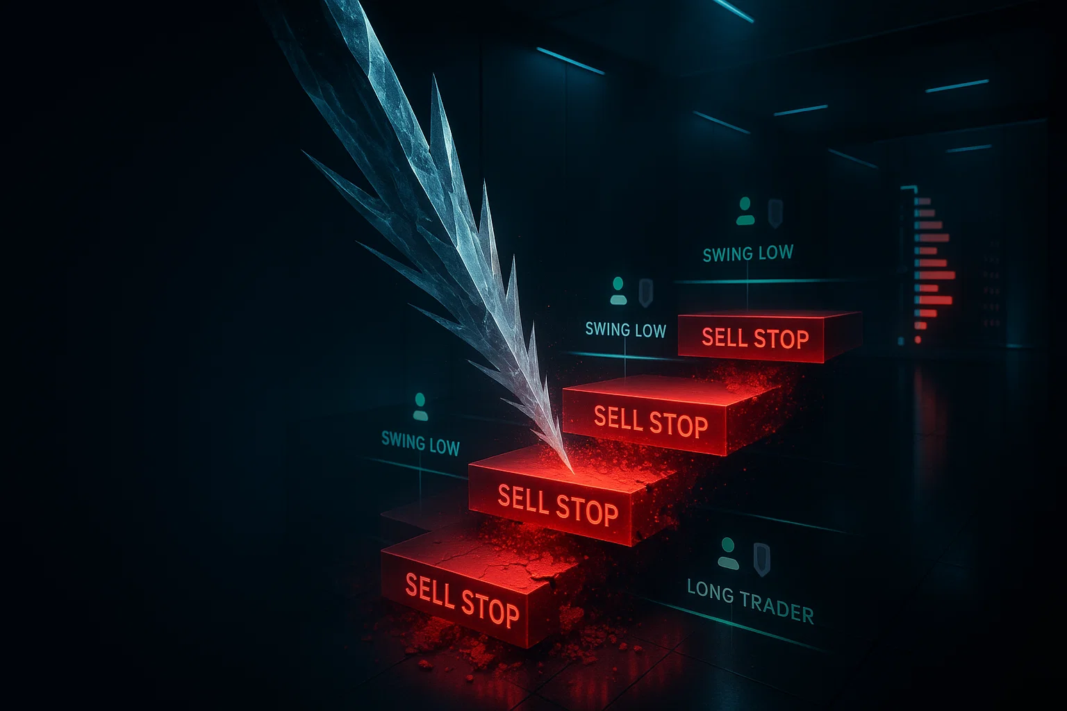 6 1 Stacked red sell stop orders at swing lows being triggered by a downward price spike in sell-side liquidity sweep
