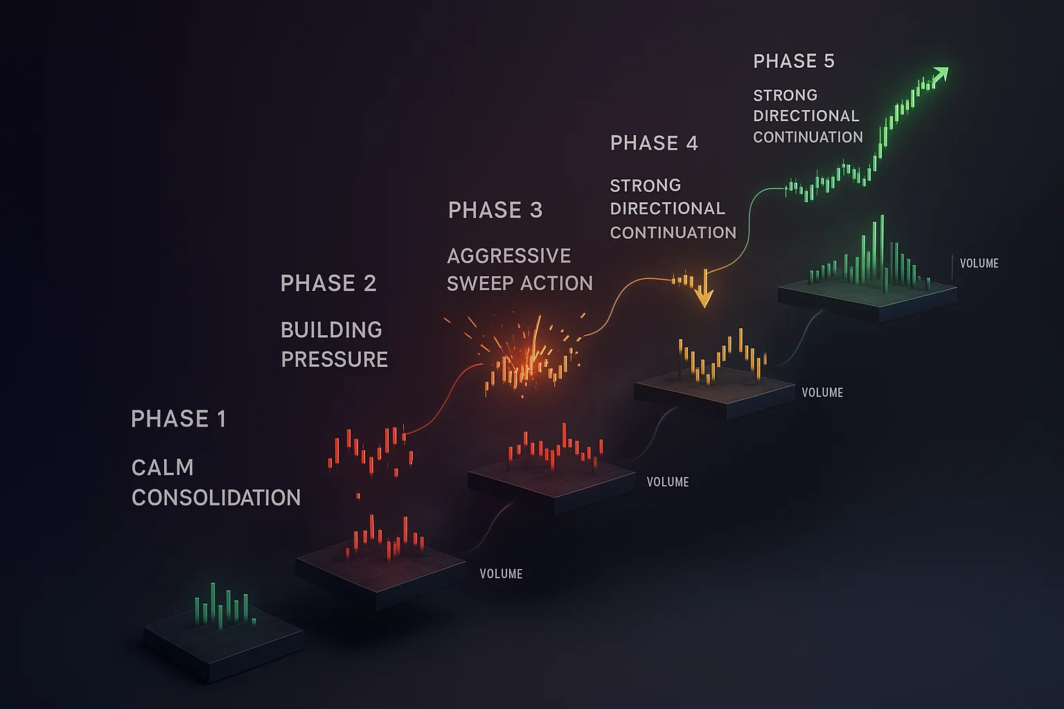 7 Five-phase liquidity sweep pattern showing consolidation, pressure building, aggressive sweep, reversal, and directional continuation with volume indicators
