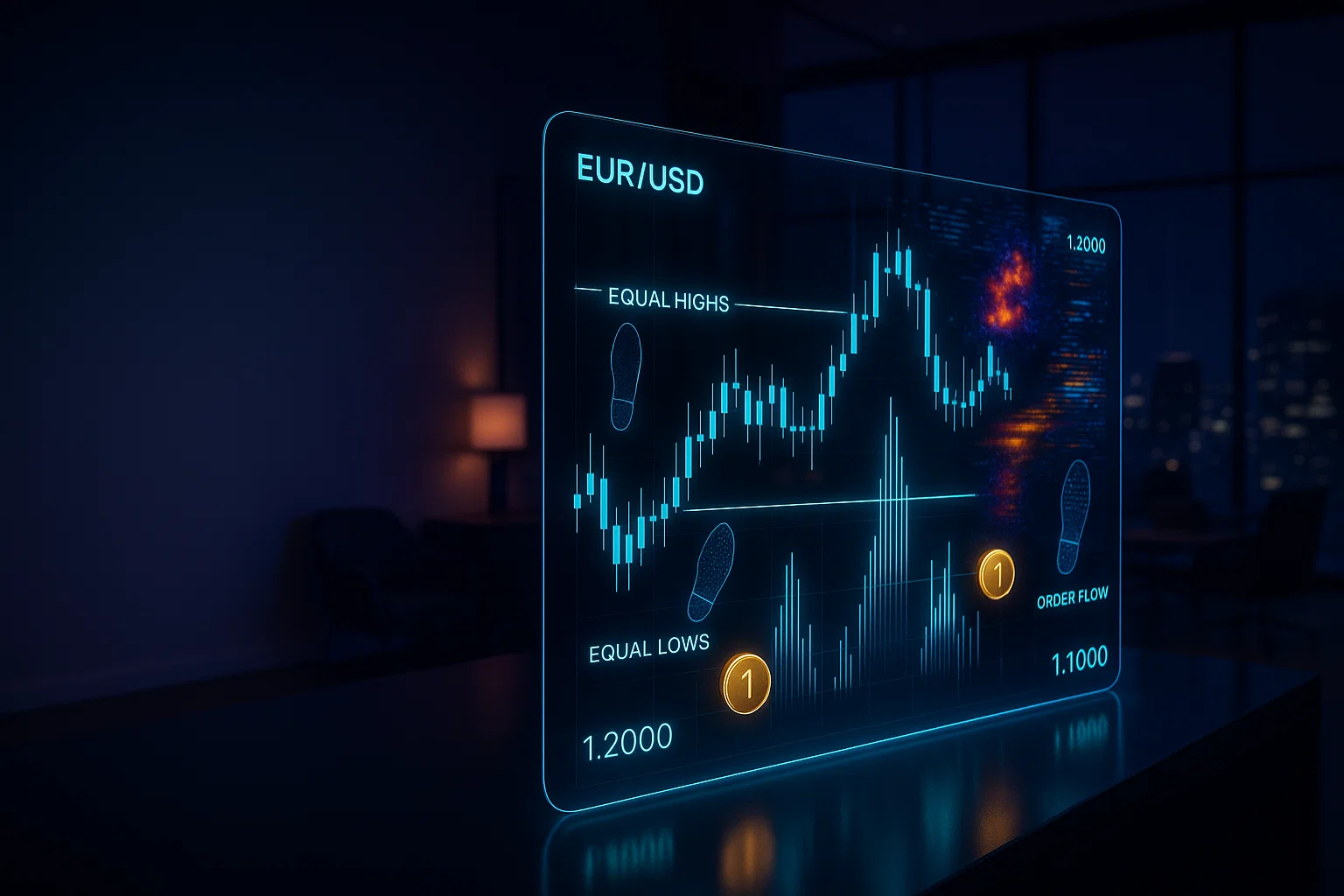 9 EUR/USD chart displaying equal highs and equal lows with footprint icons showing institutional order flow at key thresholds
