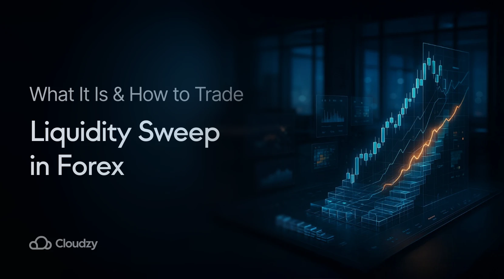 Liquidity sweep in forex illustrated featuring an ascending candlestick chart and a glowing orange price path on trading monitors