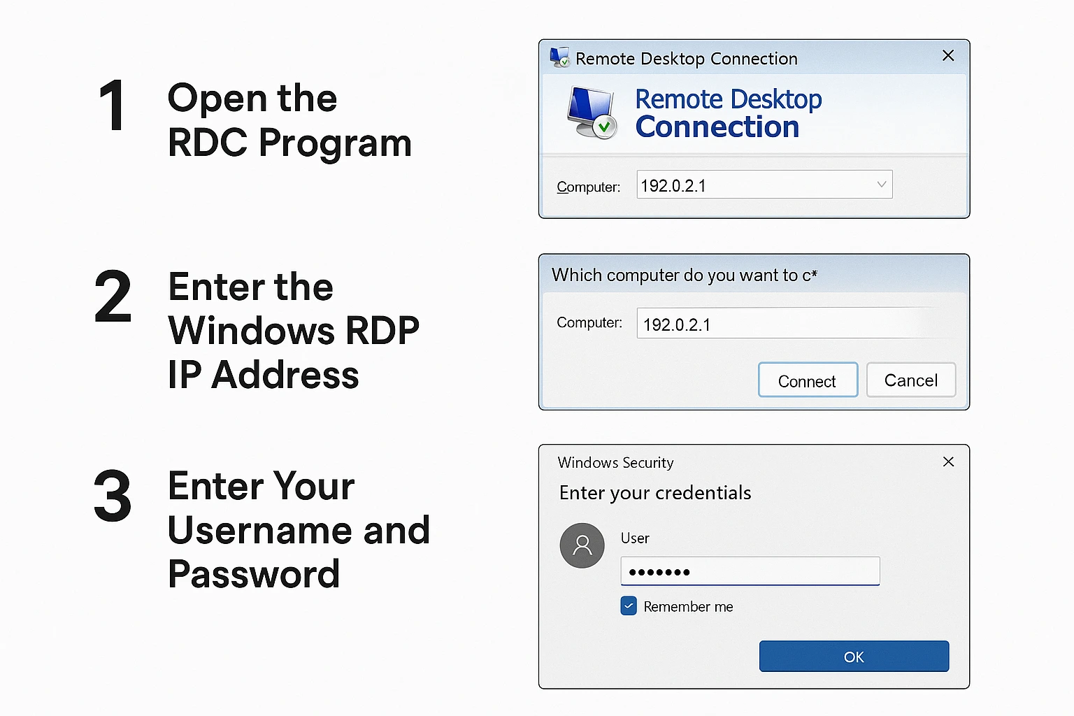 Step-by-step Windows VPS connection guide showing RDP setup process