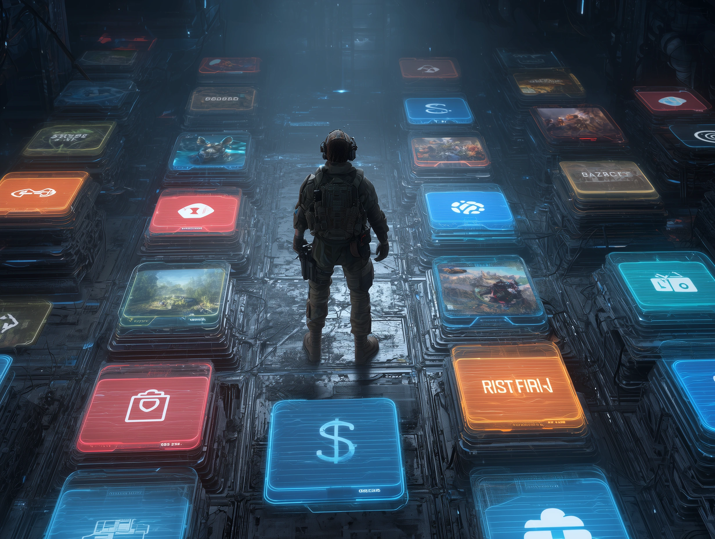 Gamer evaluating holographic options for remote desktop gaming based on latency, budget, and game type in a futuristic interface. 