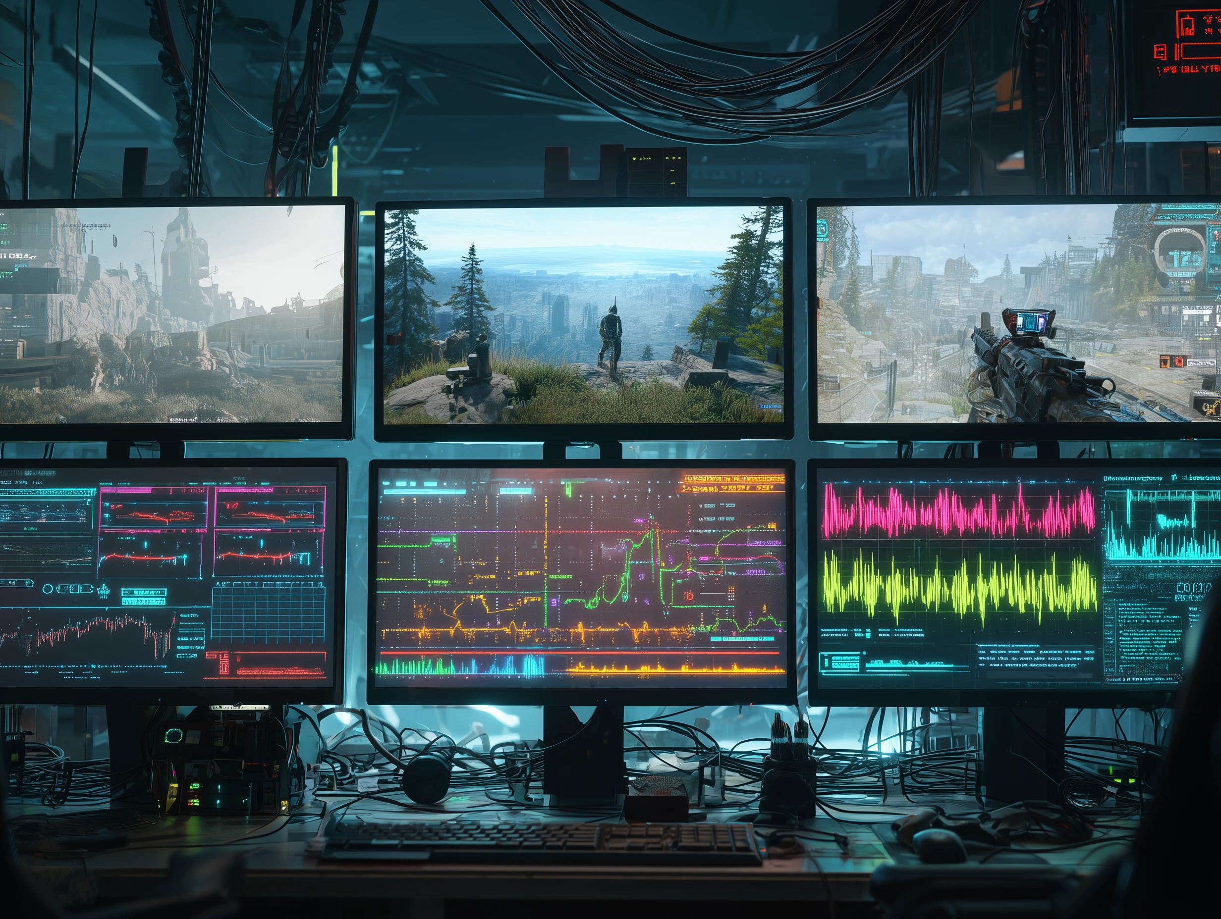 Four gaming RDP services in a control room environment showing different gameplay streams, representing a comparison of performance in 2025.