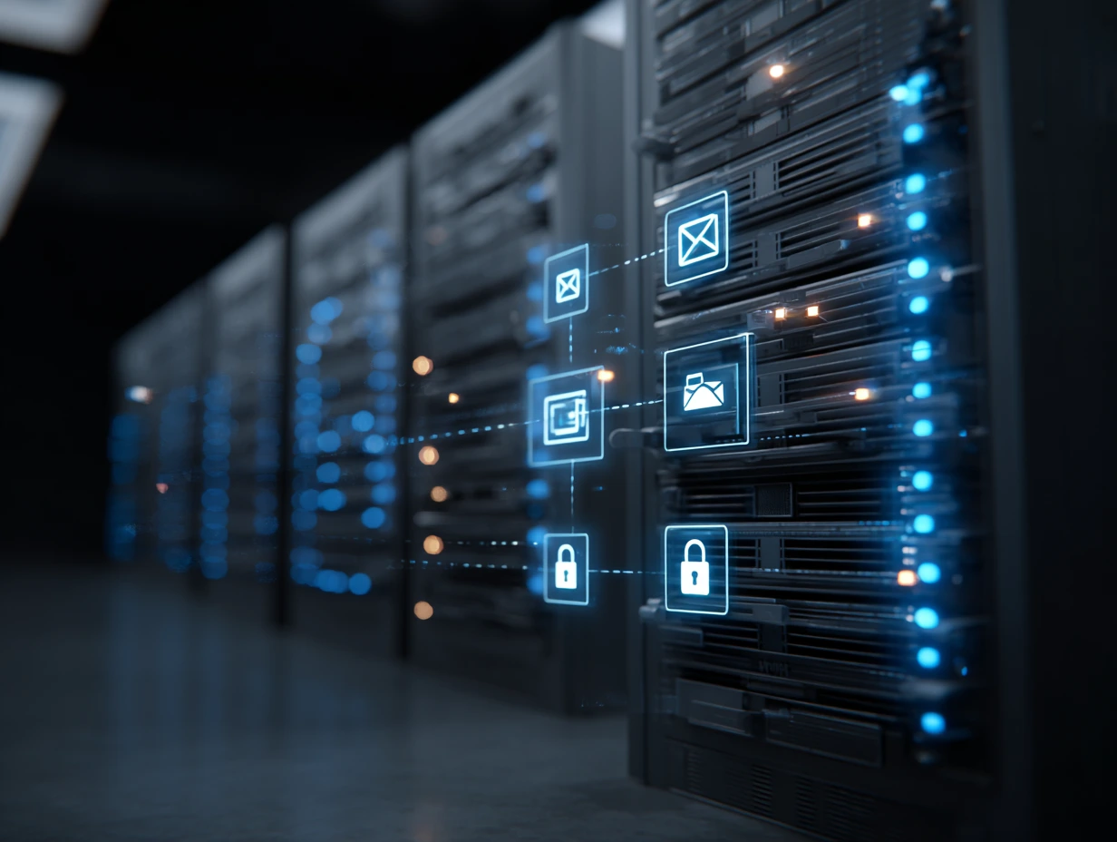 Linux mail server with security icons, privacy, and control.