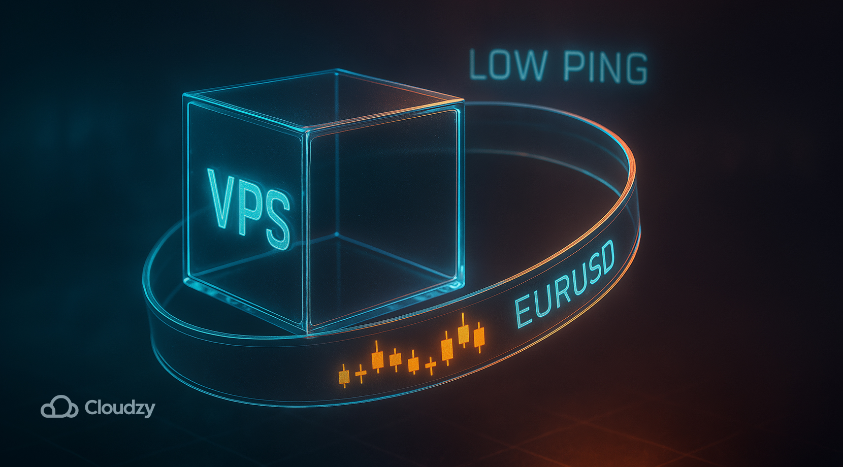 A floating glass compute cube (the VPS node) faces a curved glass ticker strip carrying minimal candlestick bars; a single arcing latency ring locks the two together, brightening where it touches; three engraves total across the scene — VPS / LOW PING / EURUSD — large, one per pane.
