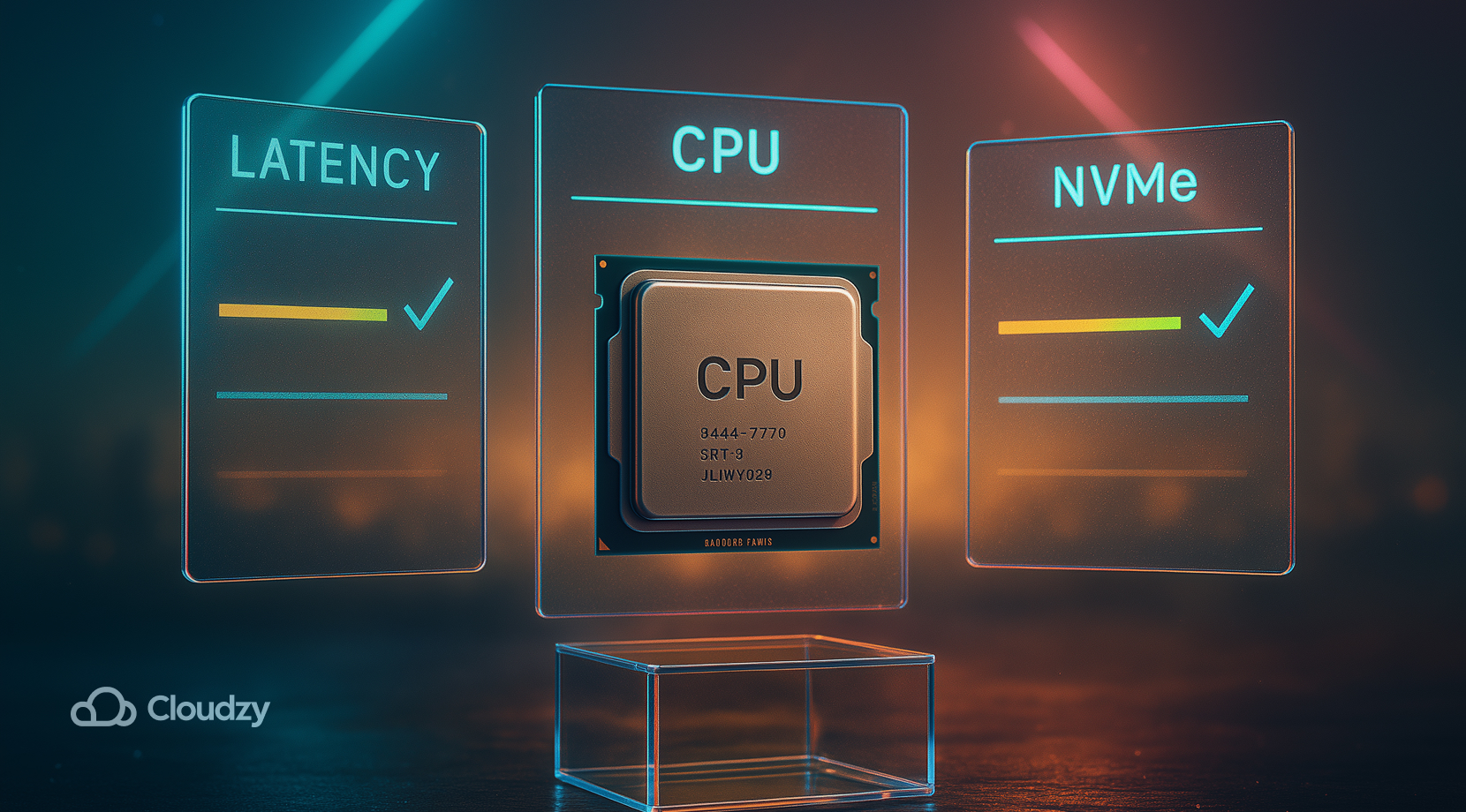 Ultrareal desktop CPU on a slim glass pedestal, tiny heatspreader text legible; around it, three hovering checklist panes like translucent clipboards with bold single-word etches — LATENCY / CPU / NVMe — each on its own pane; subtle tick marks animate as micro-engraved sliders nudge into the green.