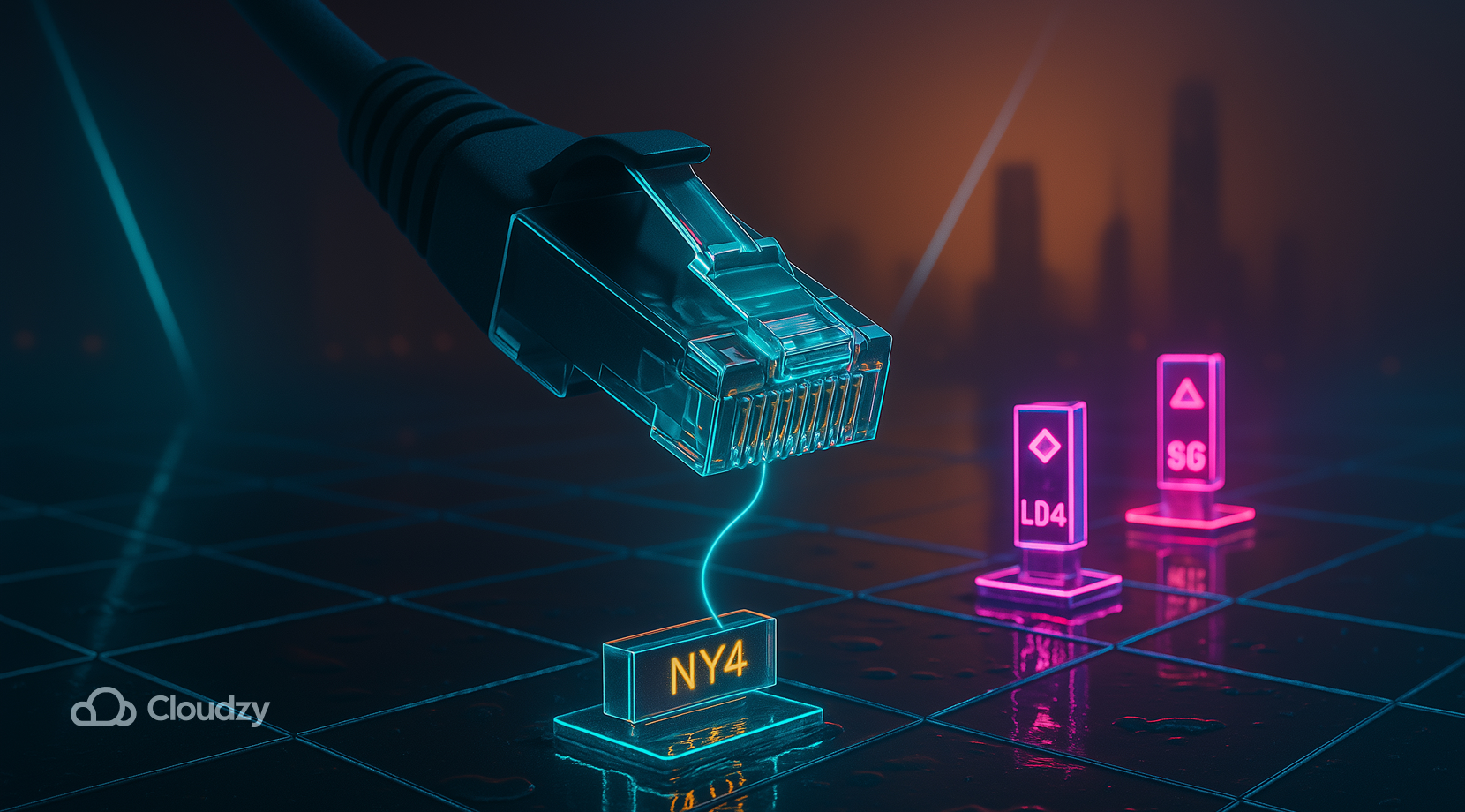 Ultrareal RJ45 Ethernet plug hovering above a slick glass grid; three small floating beacons mark routes with engraved hub codes — NY4 / LD4 / SG — each on its own shard; a thin cyan pulse travels from the plug to the nearest beacon, reflecting in puddles.