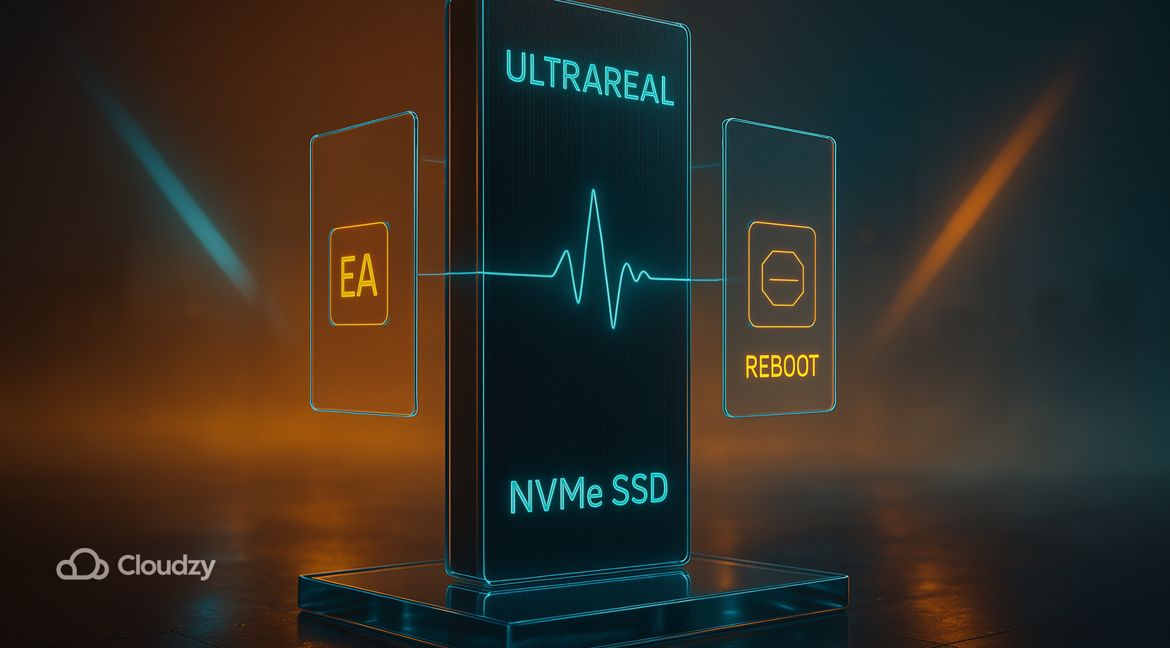 Ultrareal NVMe SSD standing upright like a monolith on a glass base; thin overlay panes orbit it with three etched ops badges — EA / AUTOSTART / REBOOT — each on its own pane; a heartbeat-like tick chart animates as a subtle line gliding around the drive, never clipping.