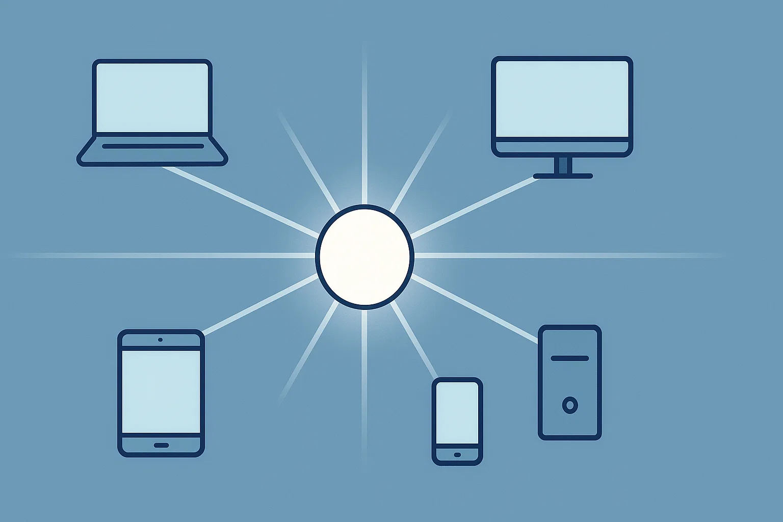 Central white circle with radiating lines connected to laptop, desktop monitor, smartphone, and tablet icons representing multi-device connectivity.