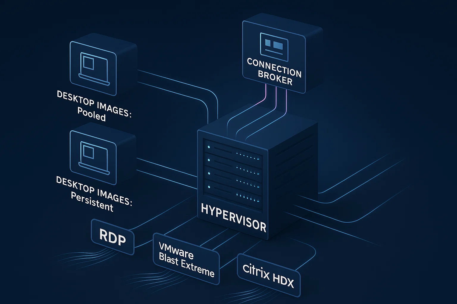 Isometric VDI architecture diagram showing hypervisor server connected to connection broker, desktop images labeled pooled and persistent, and protocol labels on dark blue background.