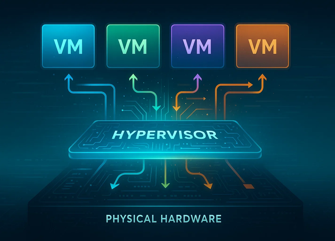 2 1 1 e1764250799421 Four colored VM boxes connected via data streams to a central "HYPERVISOR" layer, which sits above "PHYSICAL HARDWARE."