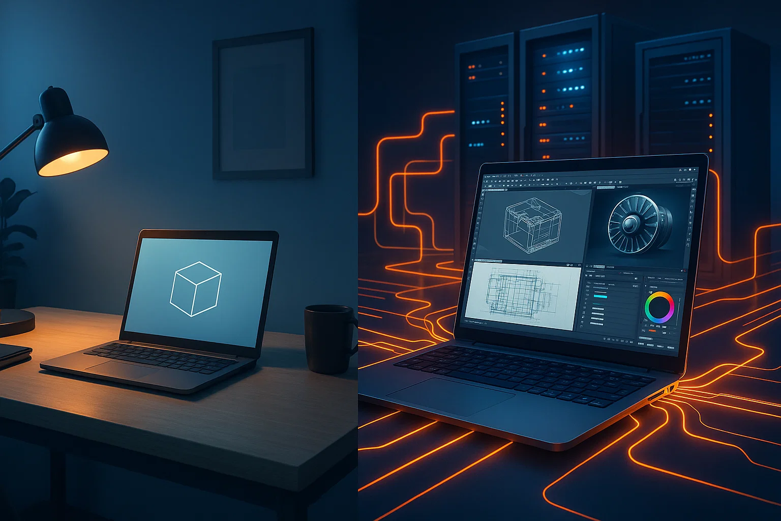 Two laptops on a desk with 3D design software displayed, surrounded by server racks with orange neon circuit patterns in a tech workspace.