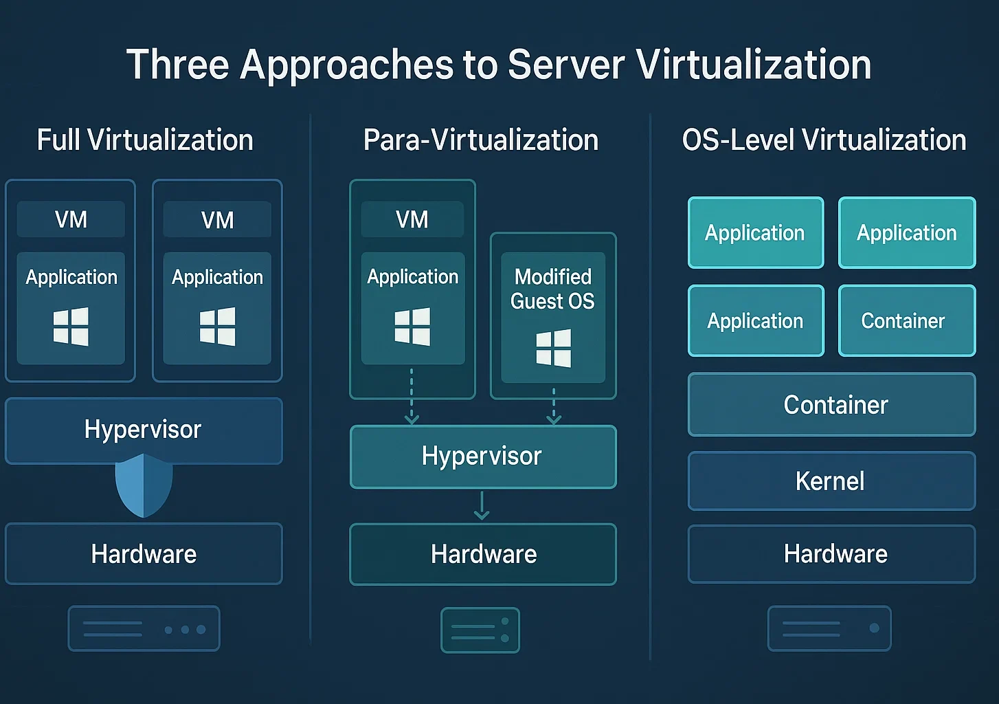 3 1 1 e1764250735945 Three-column architectural comparison showing Full Virtualization, Para-Virtualization, and OS-Level Virtualization with component layers.