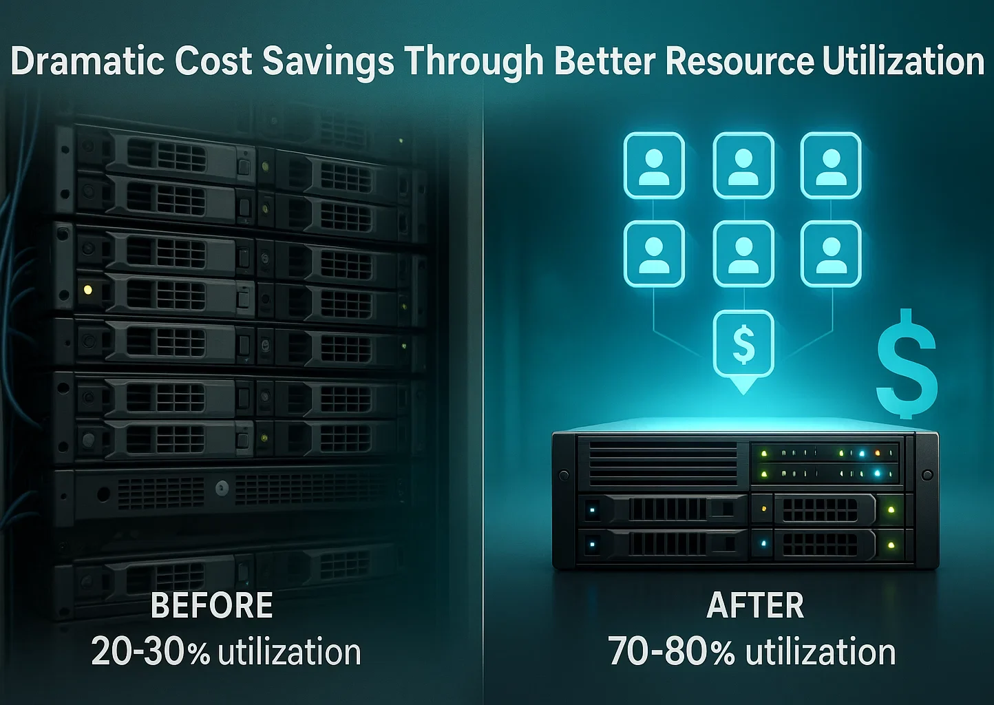 4 1 1 e1764250693767 Before/after split screen showing wasteful underutilized servers (left) vs. efficient consolidated infrastructure (right) with utilization percentages.
