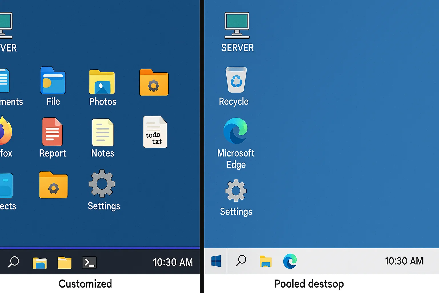 Split desktop screen showing customized left side with app icons and pooled desktop right side with server and application icons.