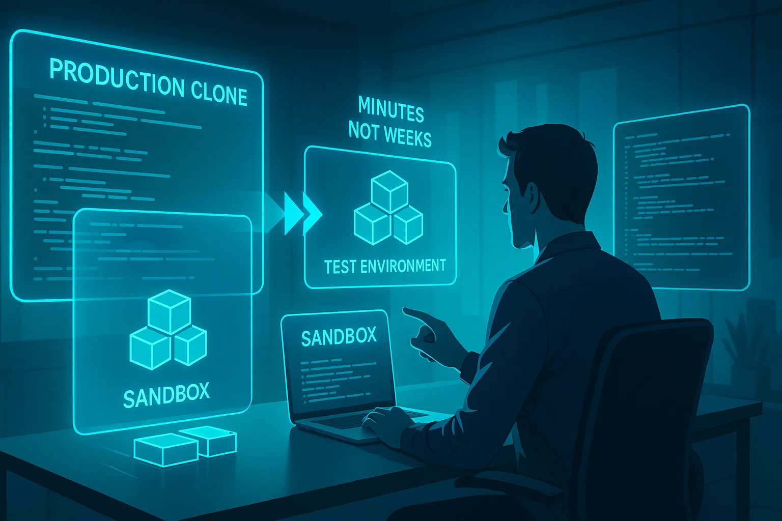 5 1 1 Developer at workstation with holographic environment panels labeled "Production Clone," "Sandbox," "Test Environment" with "Minutes Not Weeks" emphasis.