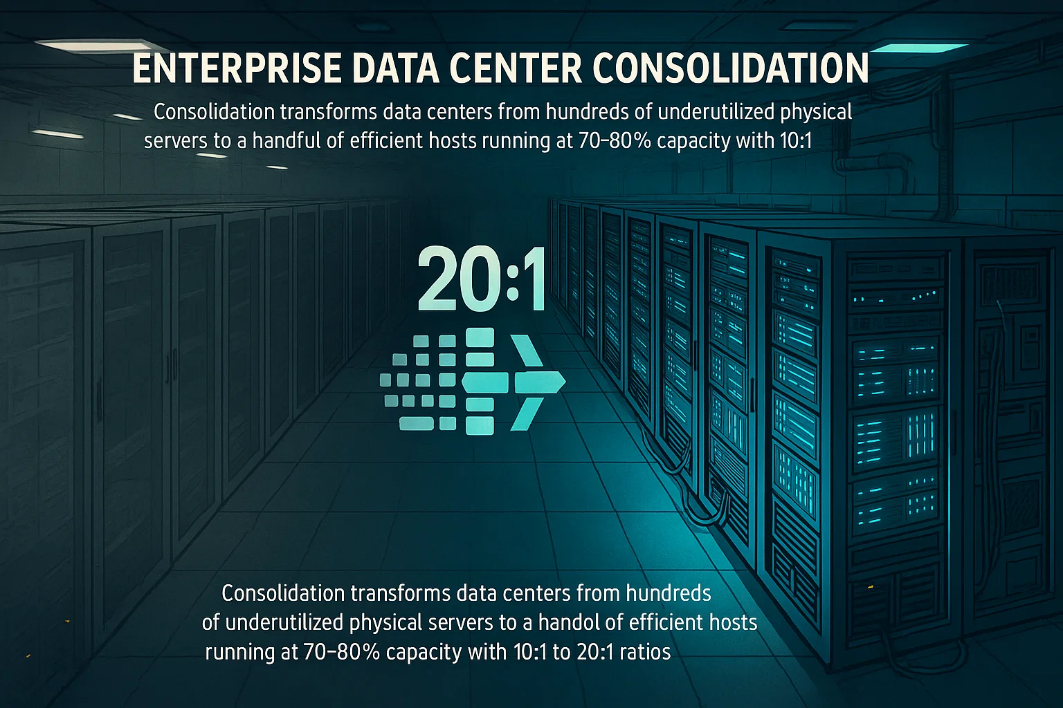 6 1 1 Wide data center view with 20:1 consolidation ratio visualization showing transformation from many servers to a few efficient hosts.