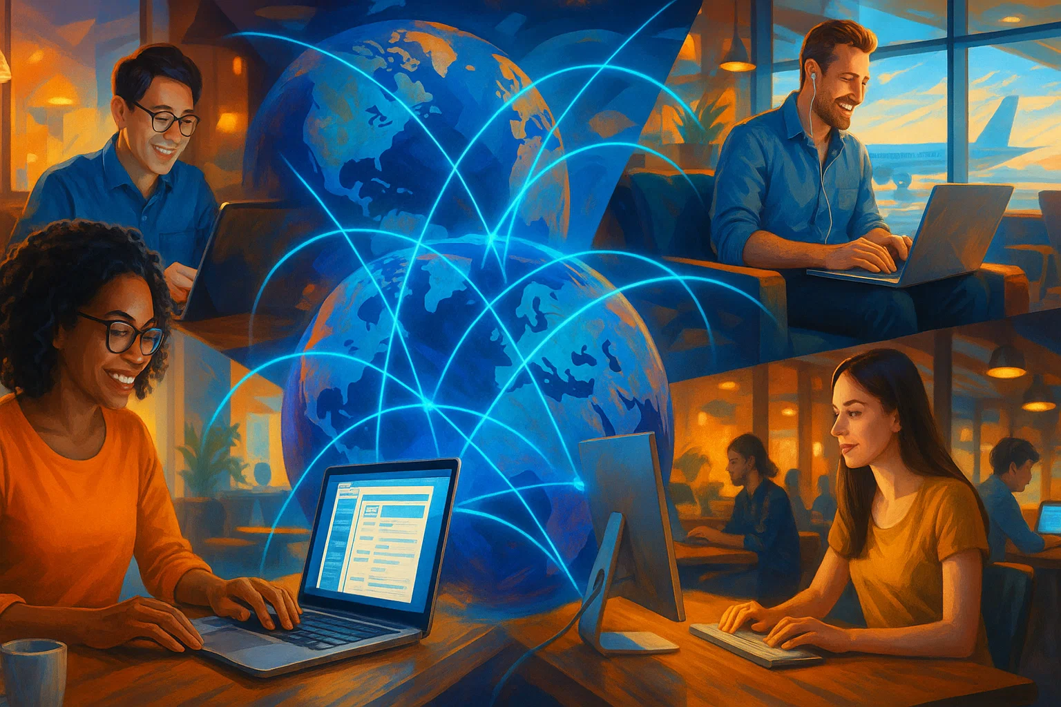 A Diverse team of professionals using laptops in a modern office with a glowing blue globe and interconnected network lines symbolizing global connectivity.