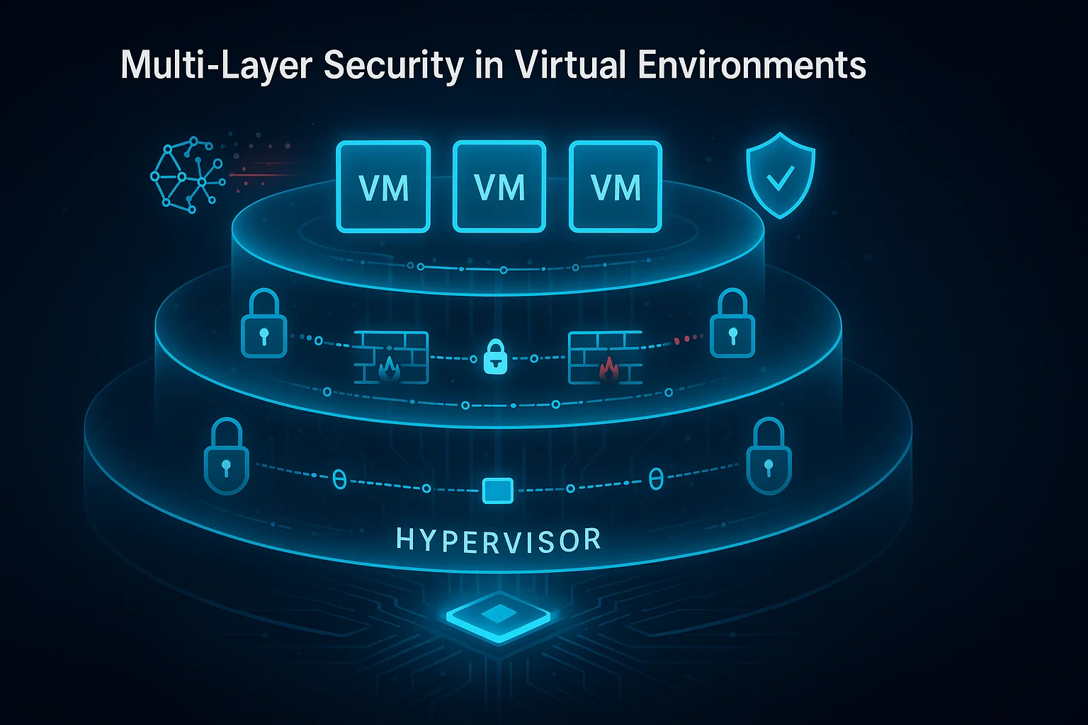 7 1 Three-tiered circular security layers with VMs on top, protective barriers with locks and firewalls, hypervisor at the base.