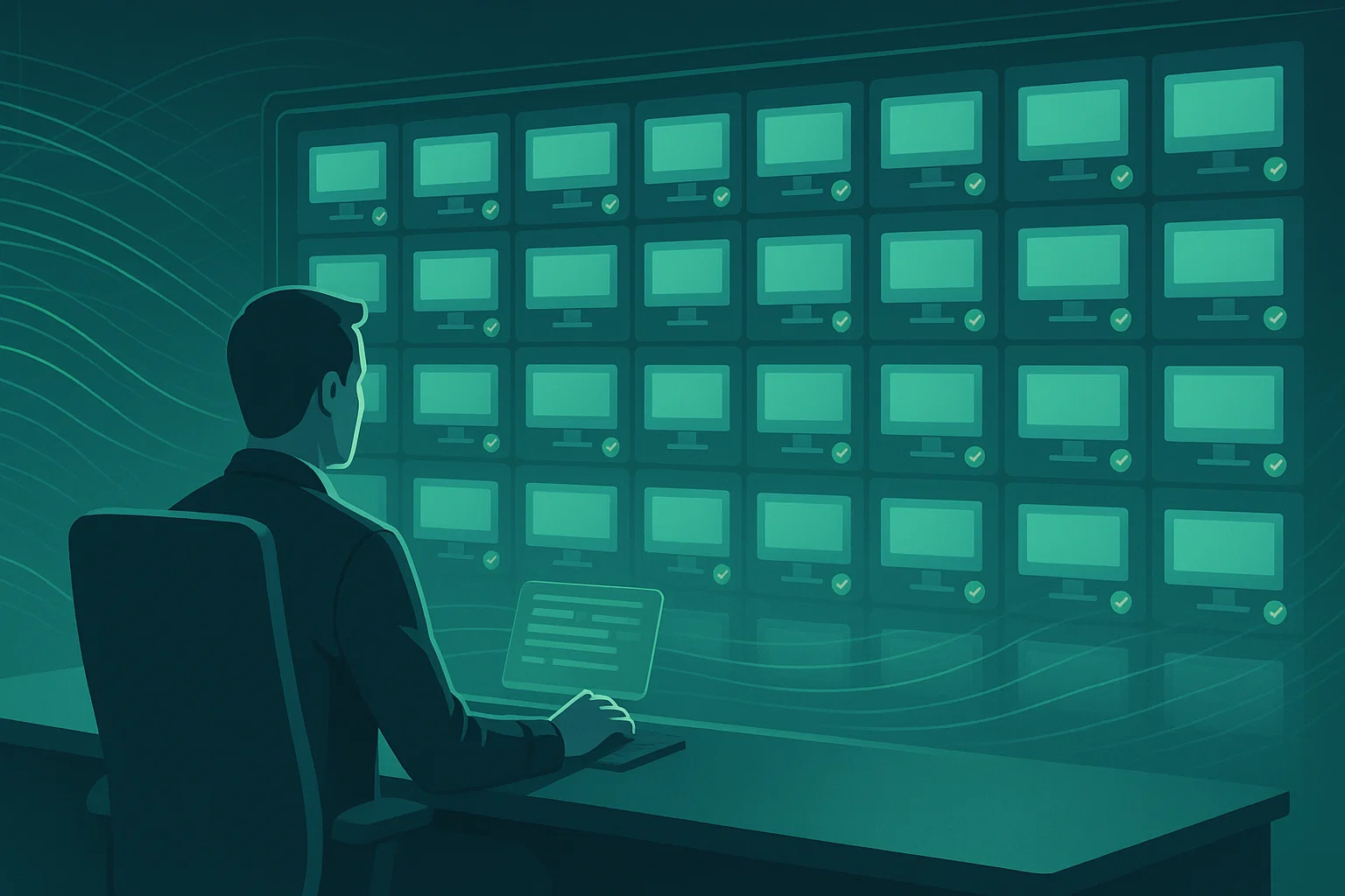 A Man in business attire sits at a desk monitoring a wall of multiple computer screens with green checkmarks indicating successful system status.