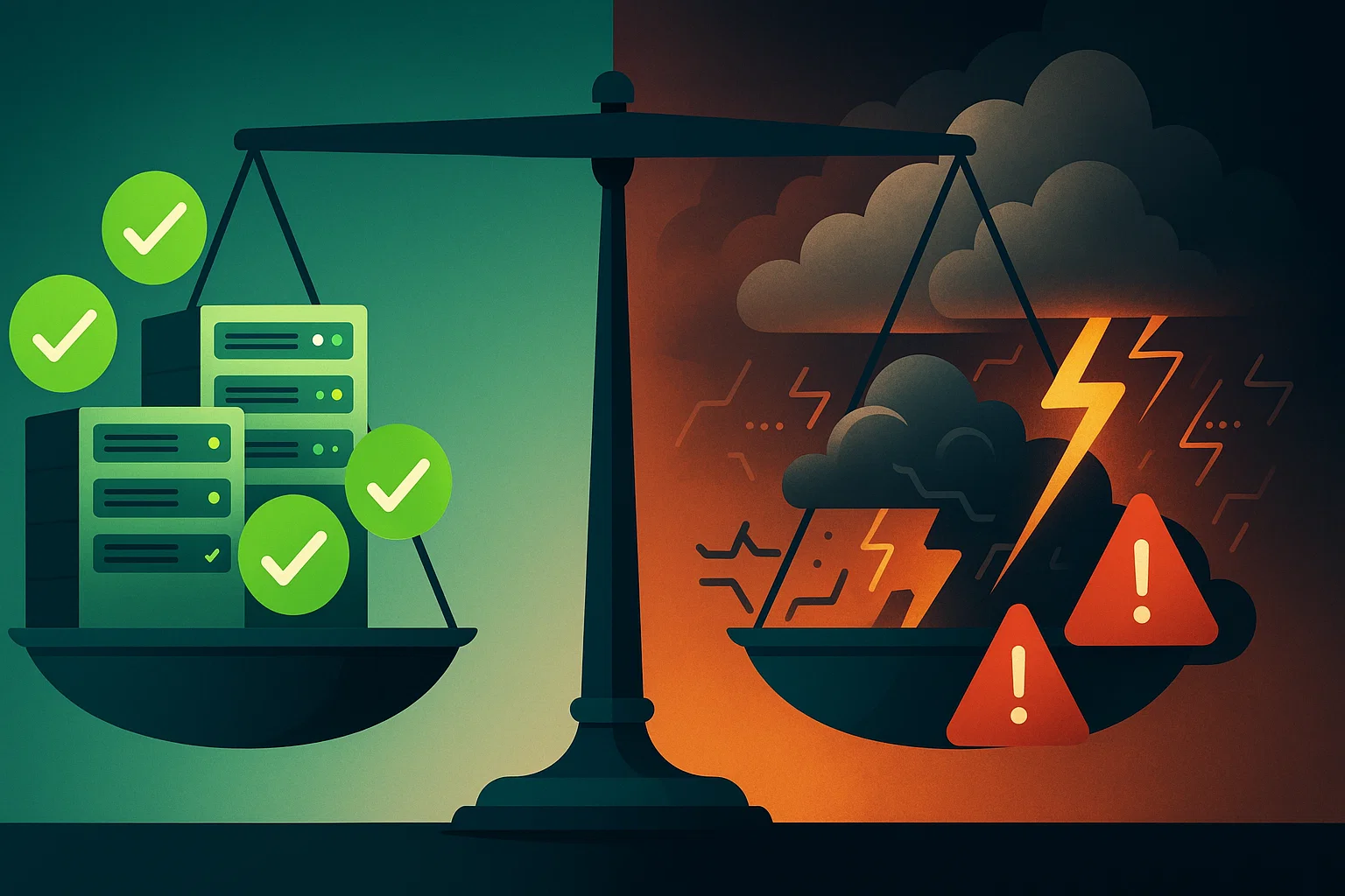 Balanced scale with green checkmarks and server stack on the left side, weighing against red warning triangles and storm clouds on the right side.