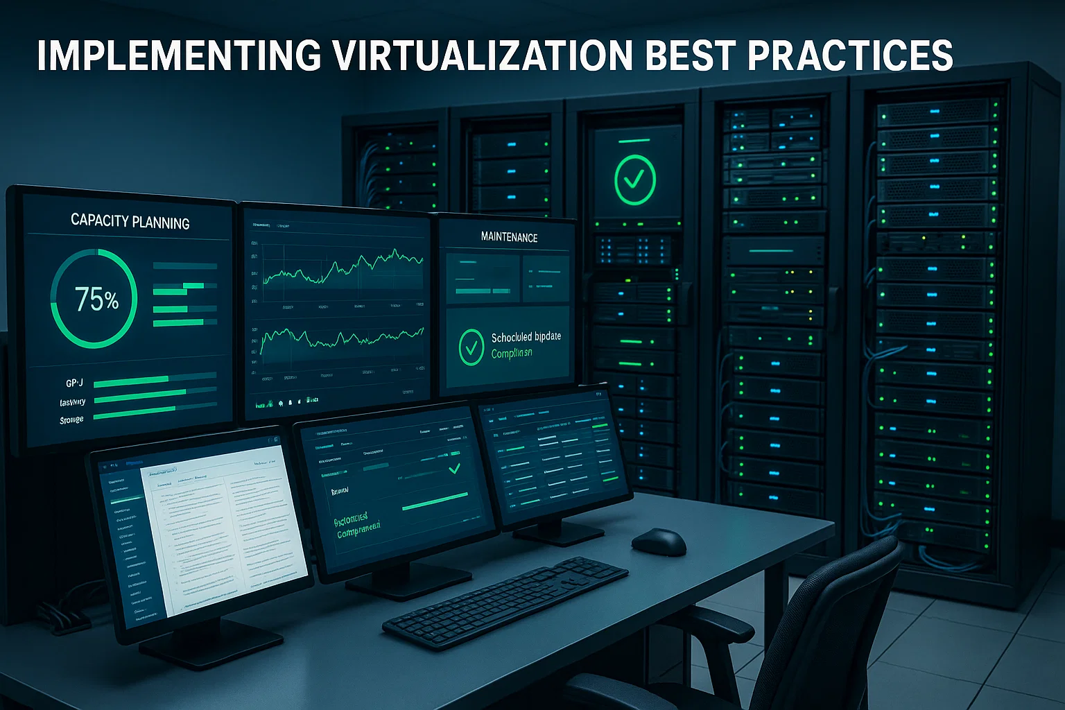 8 Command center with multiple screens displaying capacity planning (75%), maintenance schedules, documentation, and optimal system health indicators.