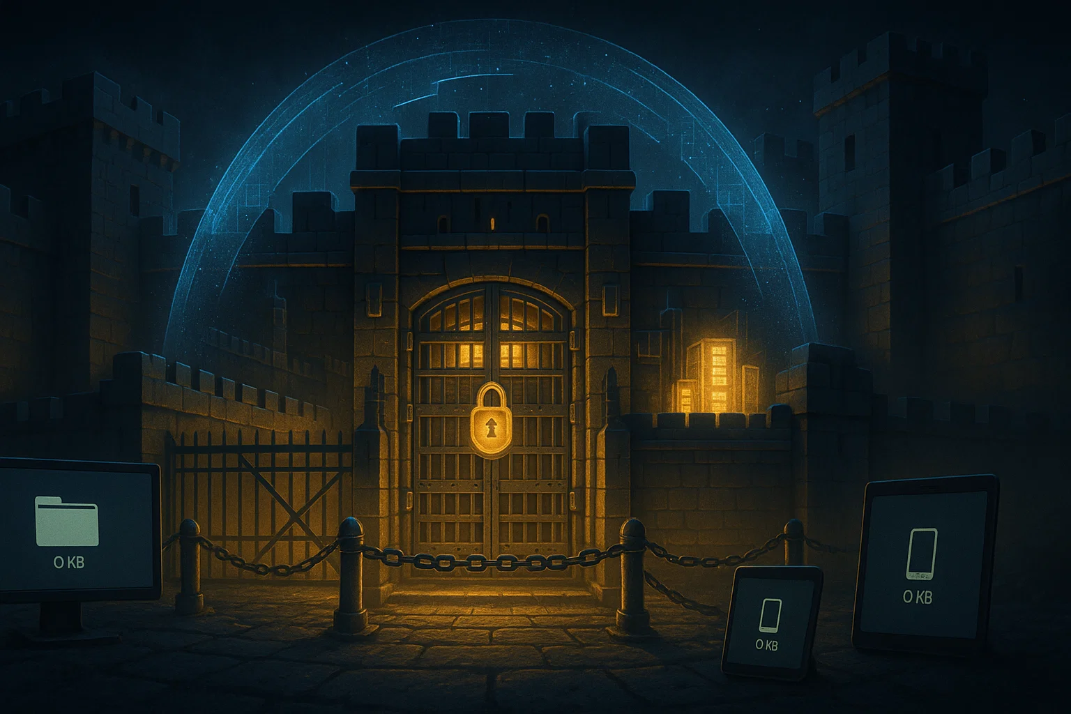 Fortified castle gate with glowing padlock surrounded by chains, guarded devices, and blue digital security dome protecting against data threats.