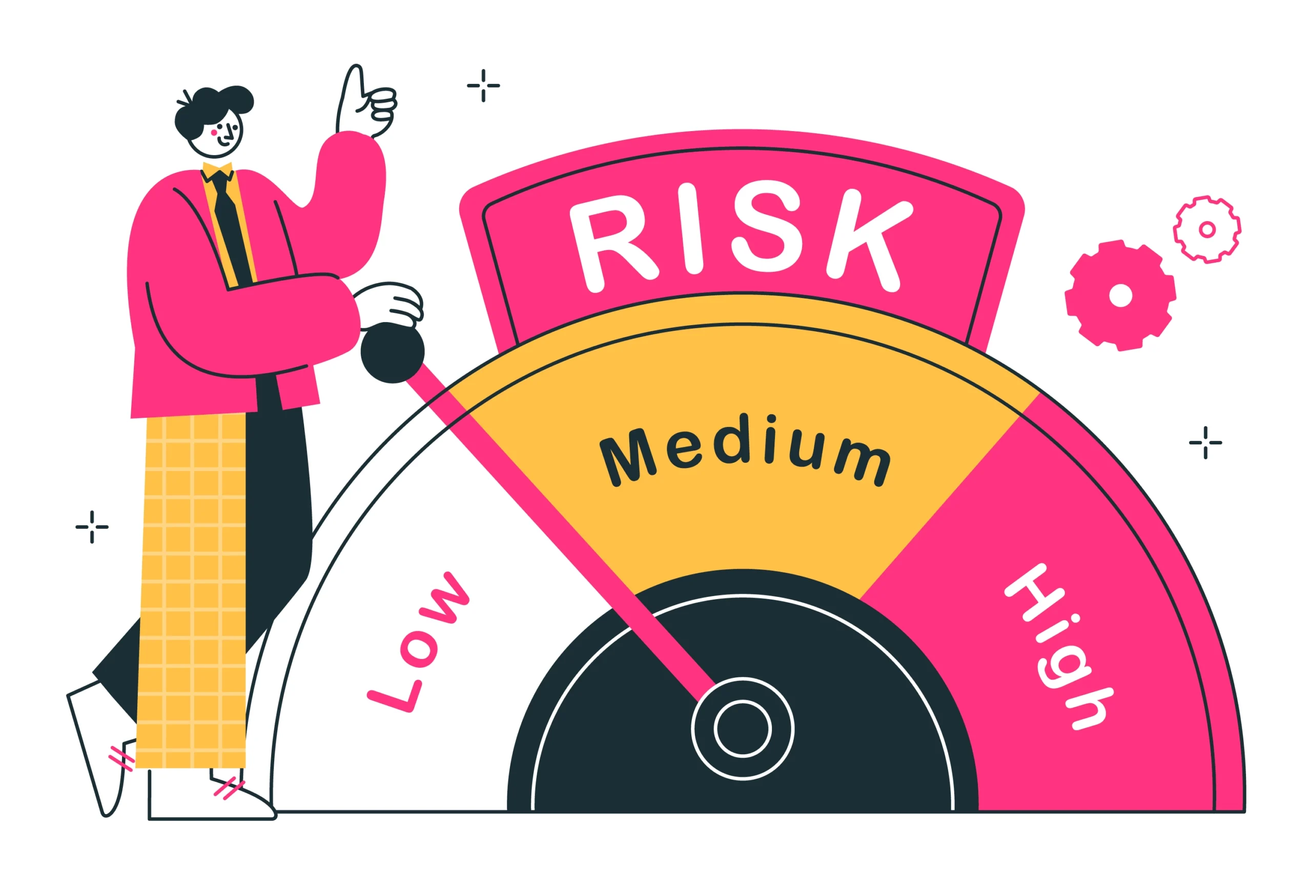 Balance scale weighing CFD trading benefits against risks with warning symbols and profit loss charts displayed
