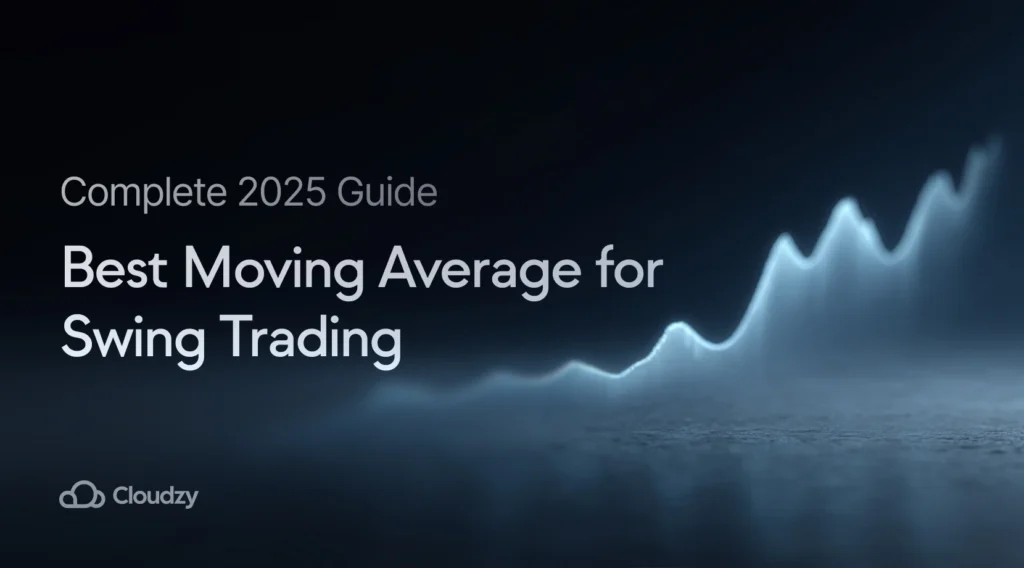 An image depicting a glowing blue holographic chart showing the best moving average for swing trading, positioned on the right against a dark, clean background, symbolizing powerful financial strategy and security.