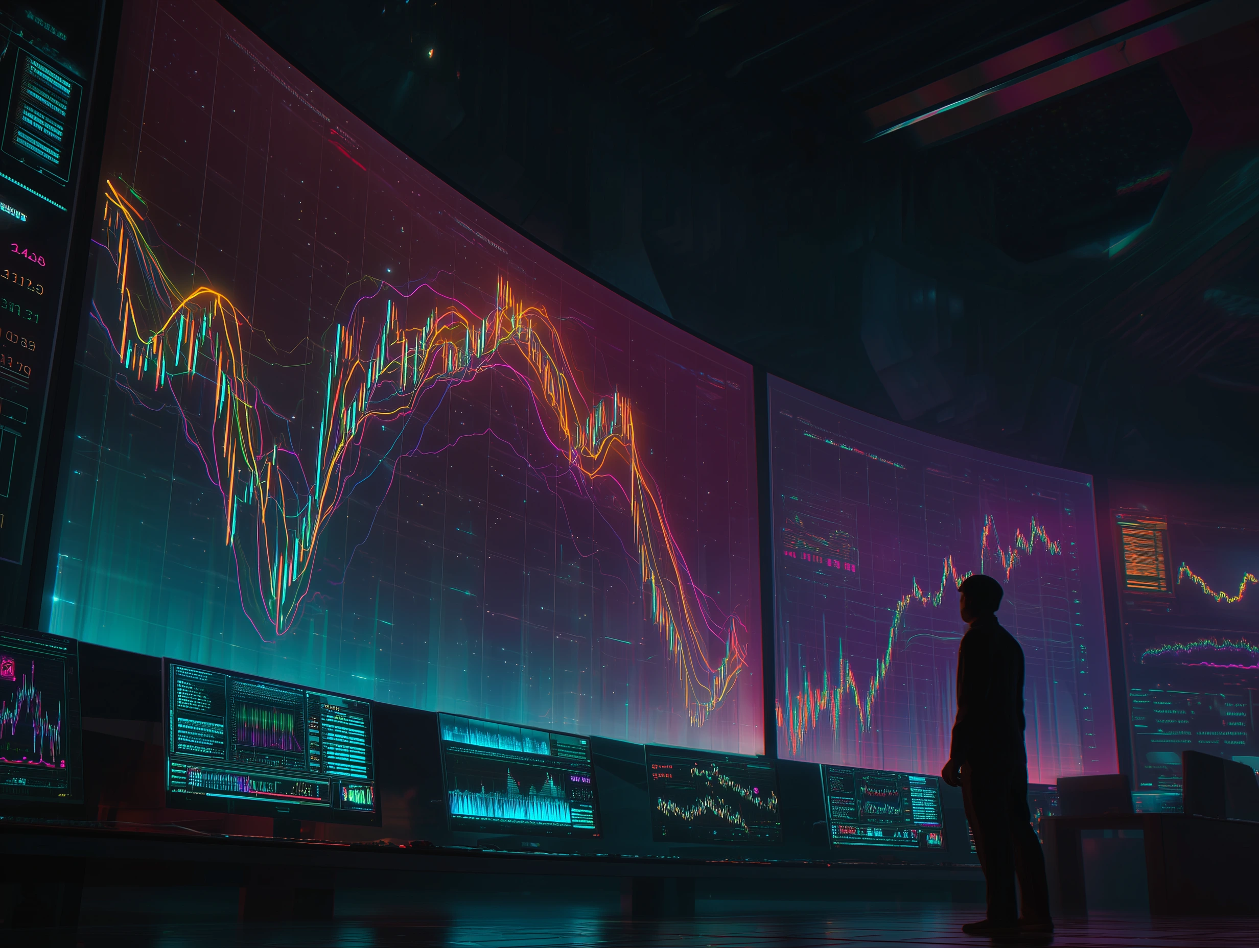Futuristic trading dashboard showing moving average crossover signals across multiple timeframes with glowing trendlines and synchronized charts.