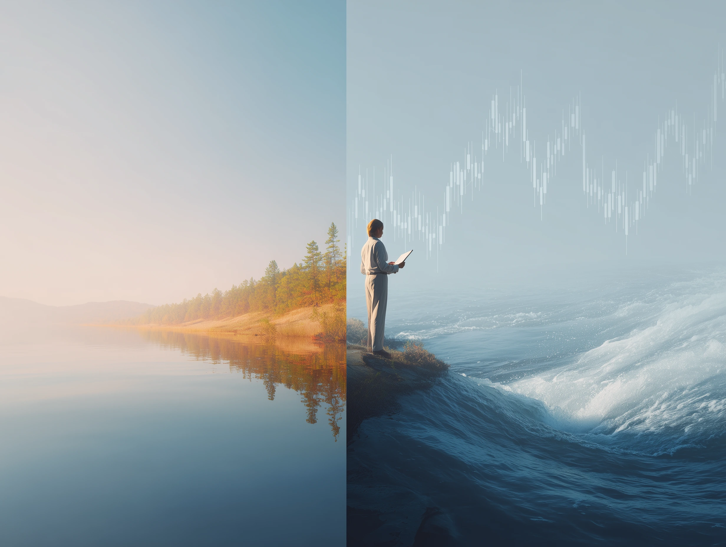 A metaphorical comparison of SMA and EMA using a calm lake vs. a fast-flowing river, illustrating the difference in responsiveness and stability for swing trading strategies.