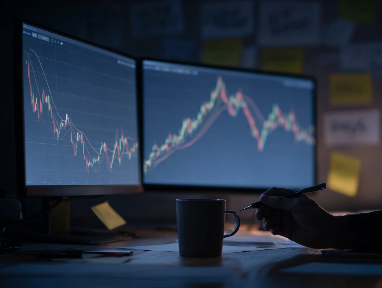 A focused swing trader in a trading room analyzing a chart with EMA and SMA lines crossing, illustrating how EMAs respond faster to trend reversals than SMAs.