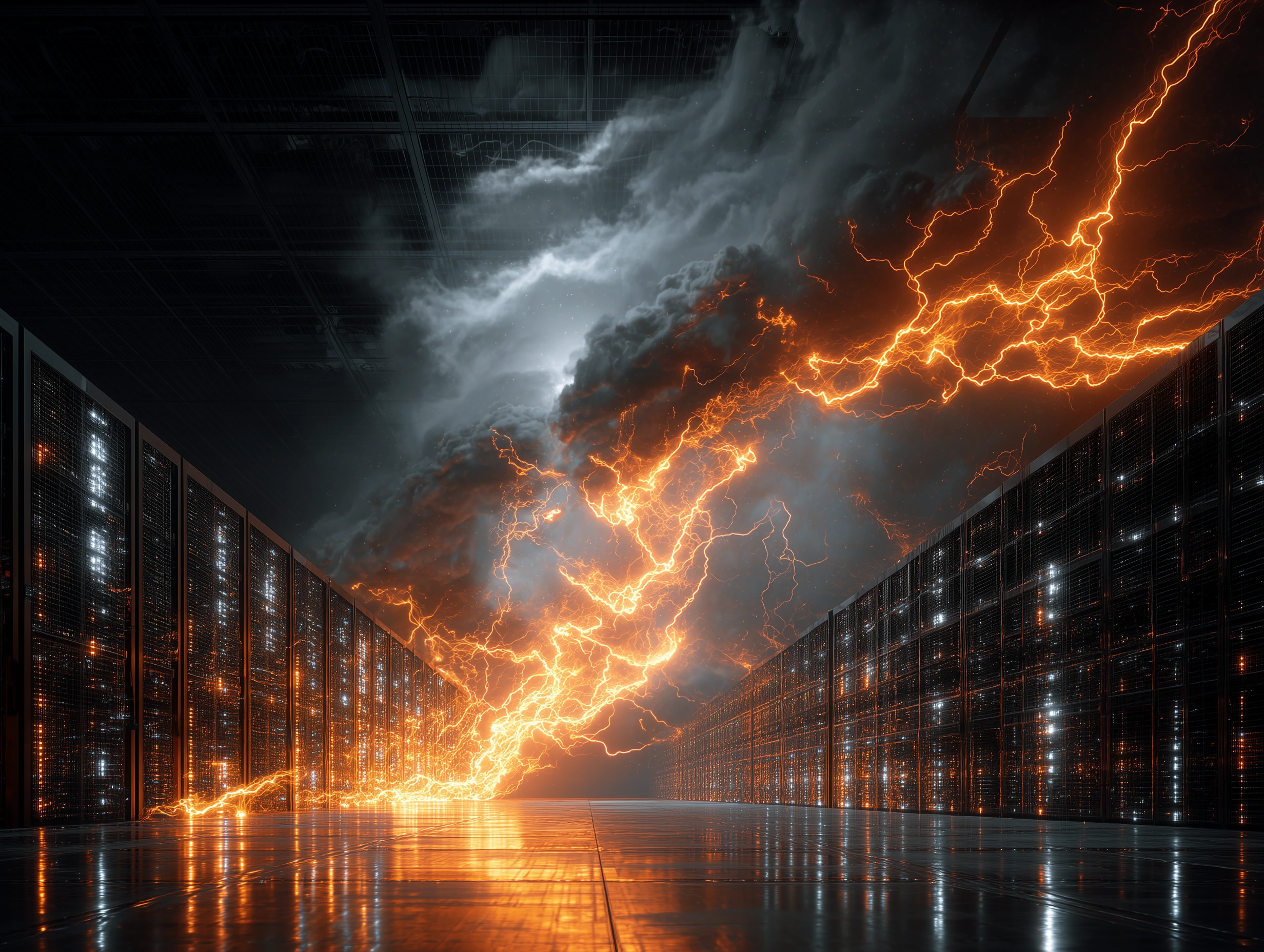 Server room showing volatile energy systems overwhelming linear price processing infrastructure during high-stress market conditions