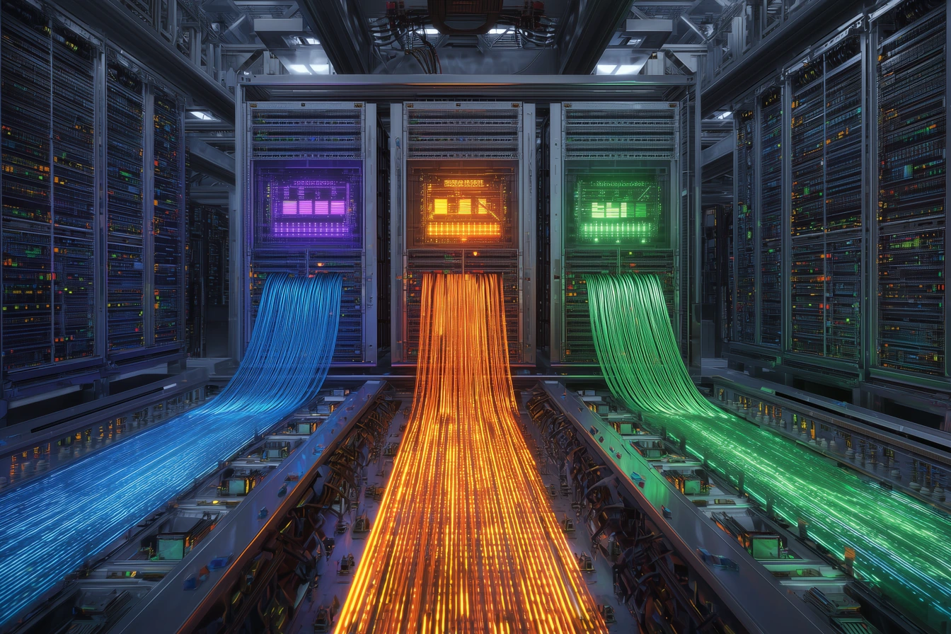 Three synchronized server processing cores with energy beams representing effective trading indicators in modern data center environment