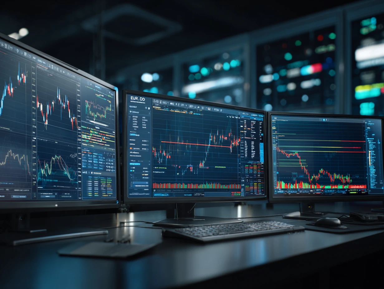 Trading charts showing support and resistance levels on multiple monitors in professional trading environment
