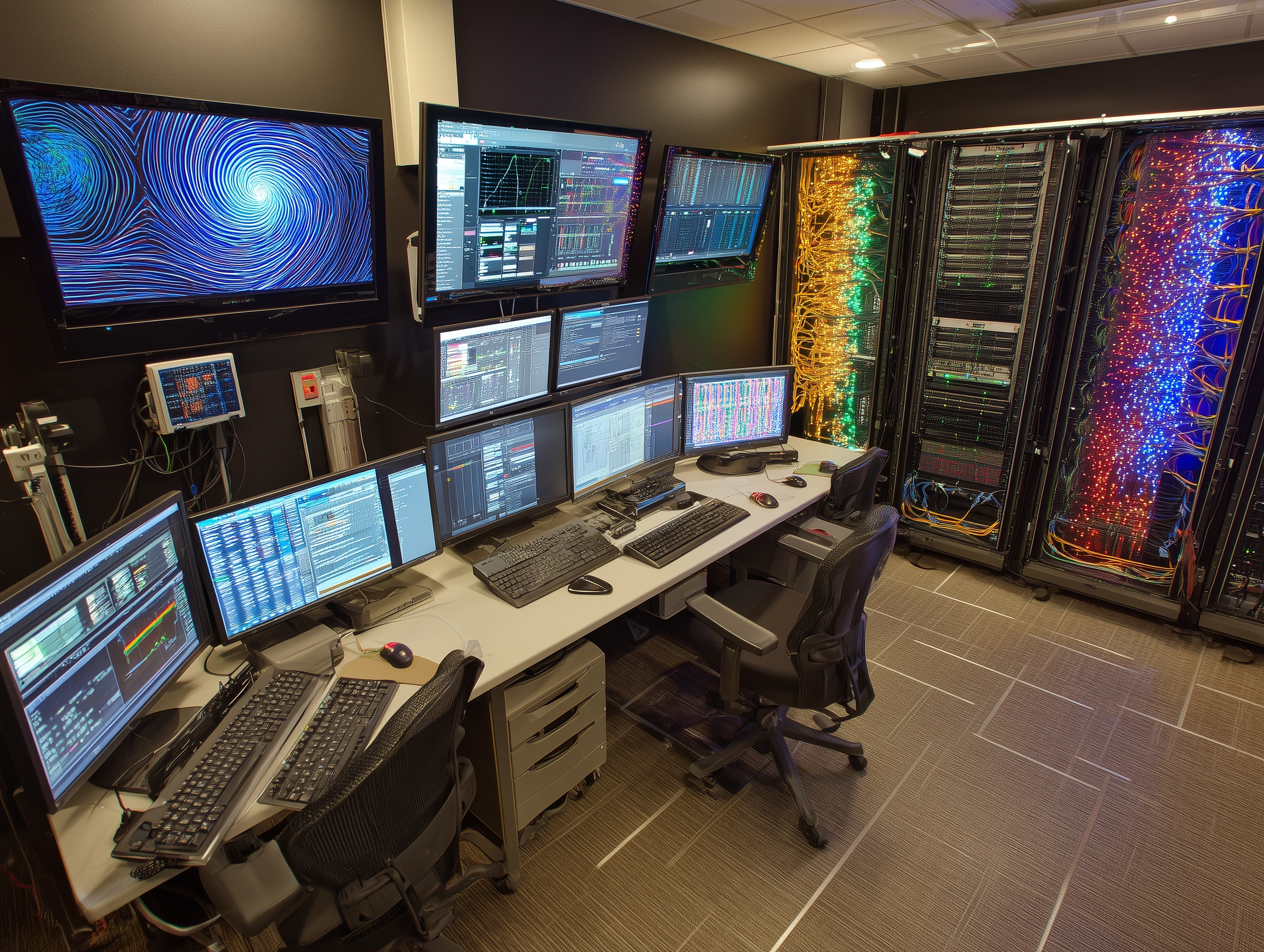 Enterprise server control room with three specialized monitoring stations feeding integrated trading system with professional infrastructure