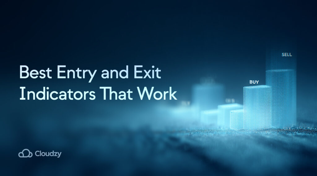 A futuristic feature image showing the best entry and exit indicators on an abstract financial chart, symbolizing profitable trading strategies.