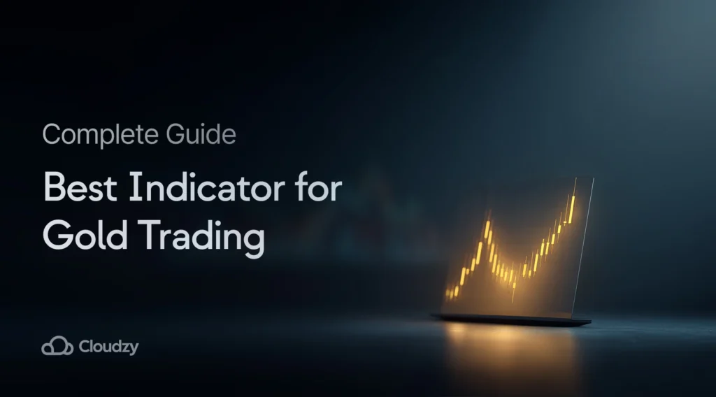 A futuristic trading desk with a holographic display showing the best indicators for gold trading on a candlestick chart, illustrating a powerful and analytical approach to the market.
