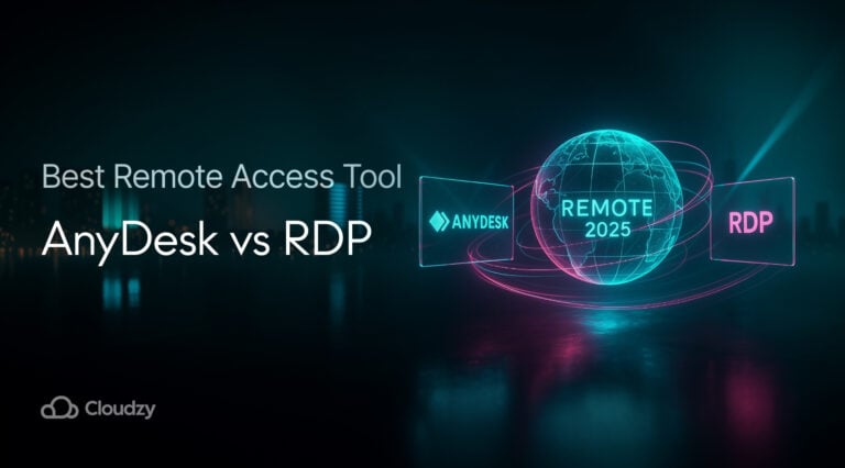 Eine leuchtende holografische Globusscheibe mit der Aufschrift „REMOTE 2025“ dreht sich sanft in der Mitte, umkreist von zwei hauchdünnen Vergleichstafeln – links ANYDESK, rechts RDP –, die beim Kreisen cyan-magentafarbene Lichtspuren hinterlassen.
