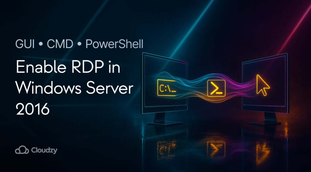 Two desktop monitors face each other across a small gap. A multilayered fabric bridge spans between them, formed by stacked translucent ribbons with gentle folds. On the fabric, three logo-style icons appear in sequence: a CMD terminal prompt caret, the PowerShell symbol, and a GUI mouse pointer.