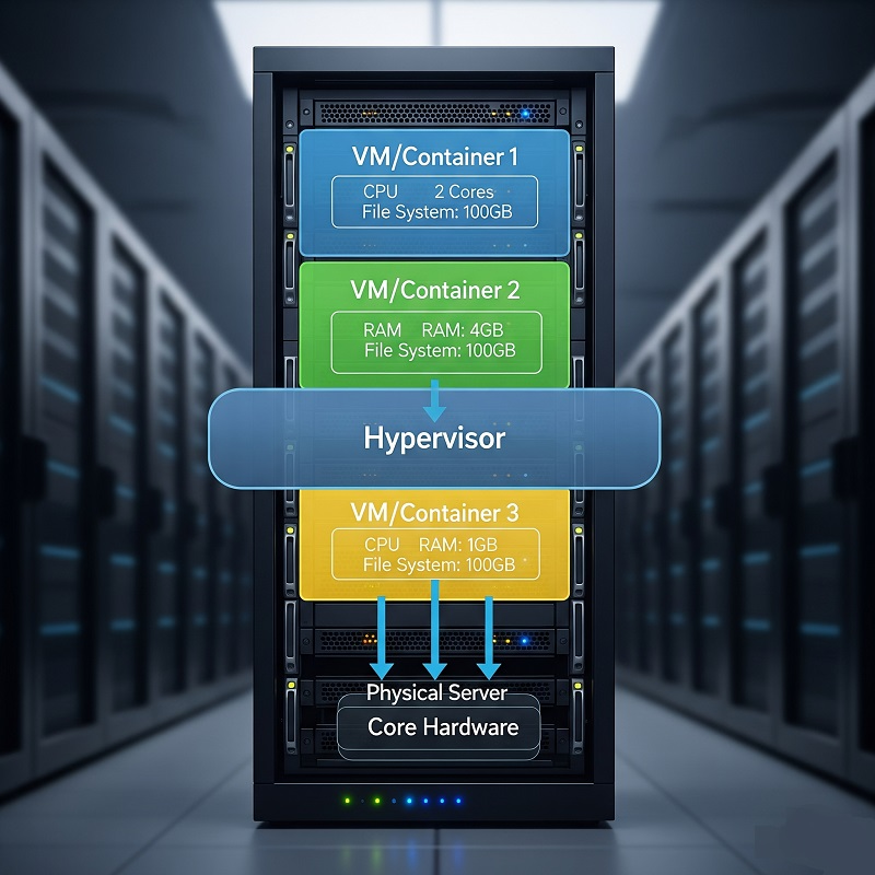 Virtual machines and containers hovering above a physical server, each labeled “VM” or “Container.”