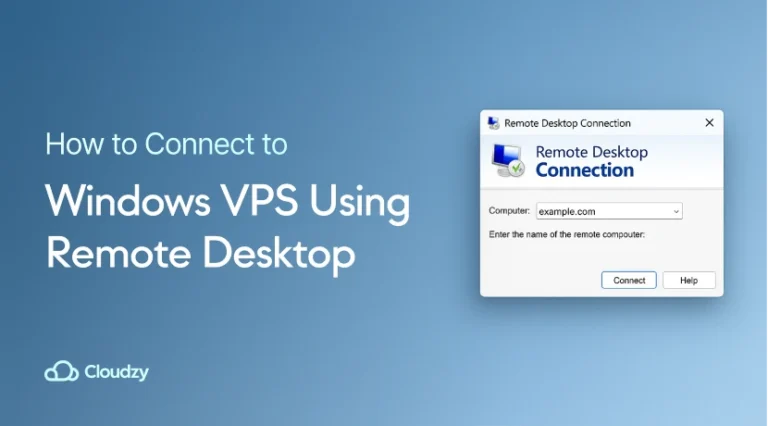 Step-by-step guide showing how to connect VPS using the Remote Desktop Connection window with the computer field, connect button, and help option