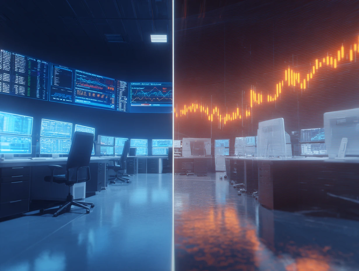 A fusion of vintage and modern trading environments showing MetaTrader 4's lasting relevance through data streams and trading interfaces.