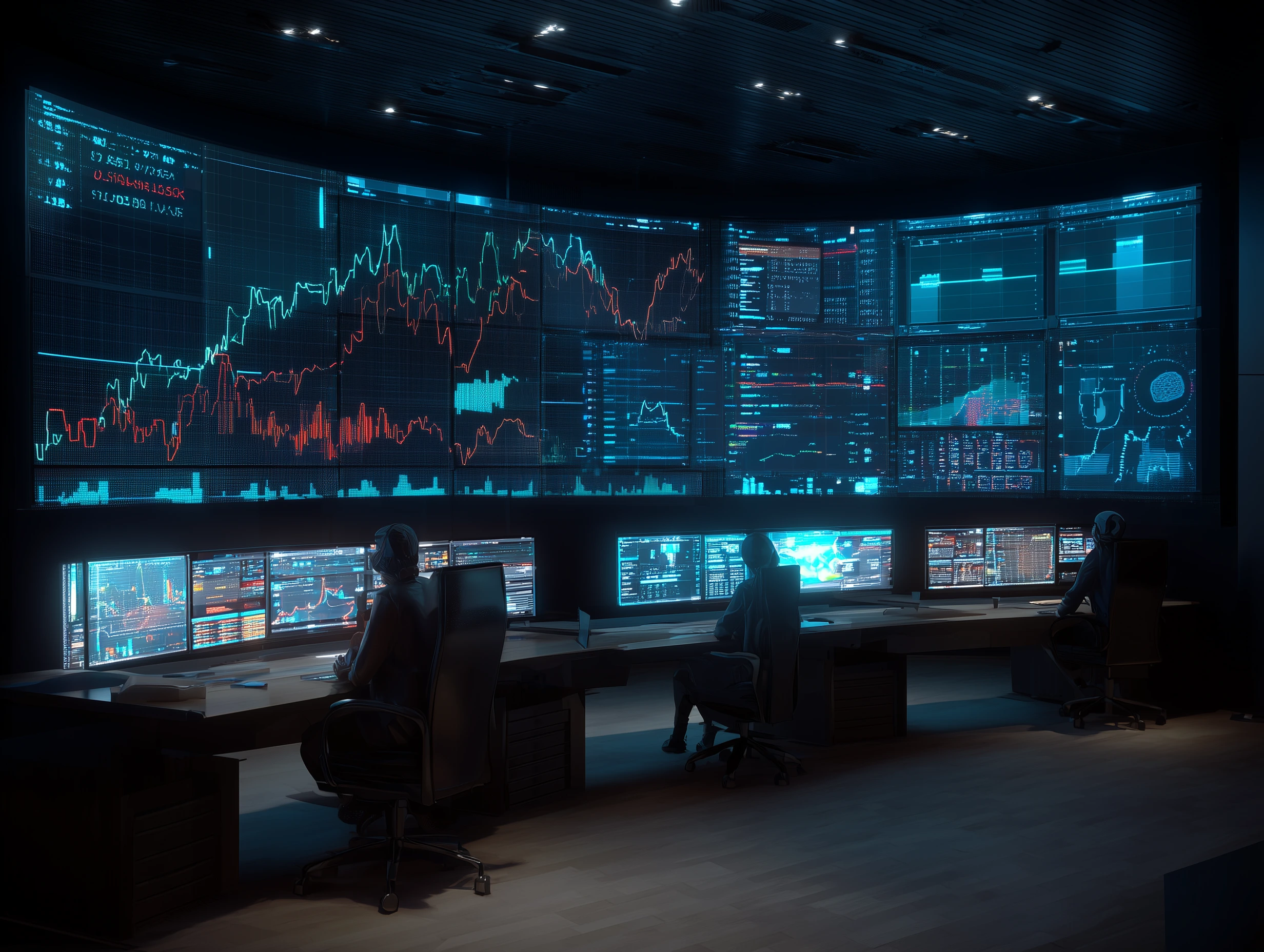A futuristic control room with traders managing MT4 indicators across scalping, swing, and trend trading dashboards, symbolizing technical precision and strategy alignment.