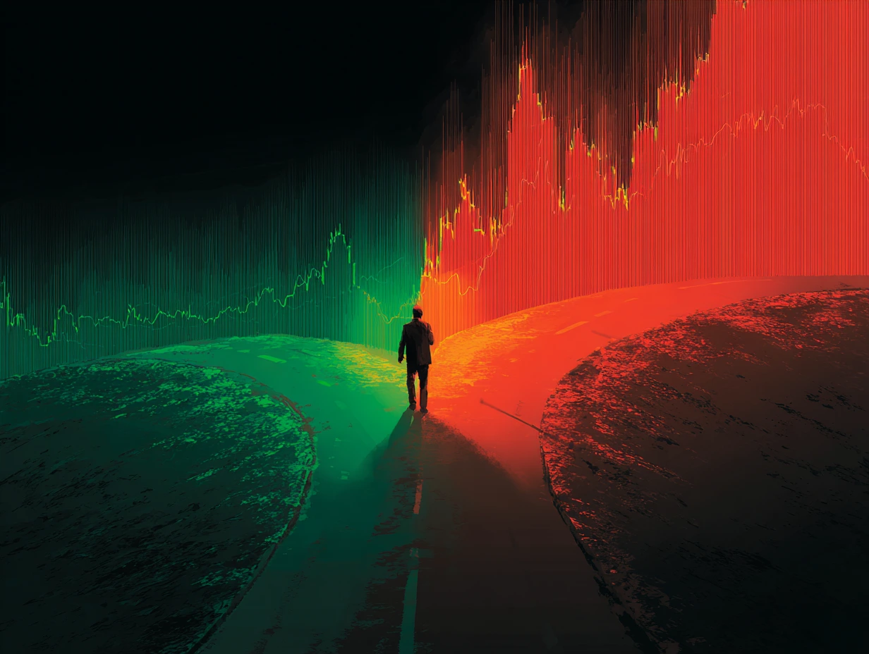 Depiction of a trader navigating conflicting and confirming signals from RSI and volume indicators before entering a trade.