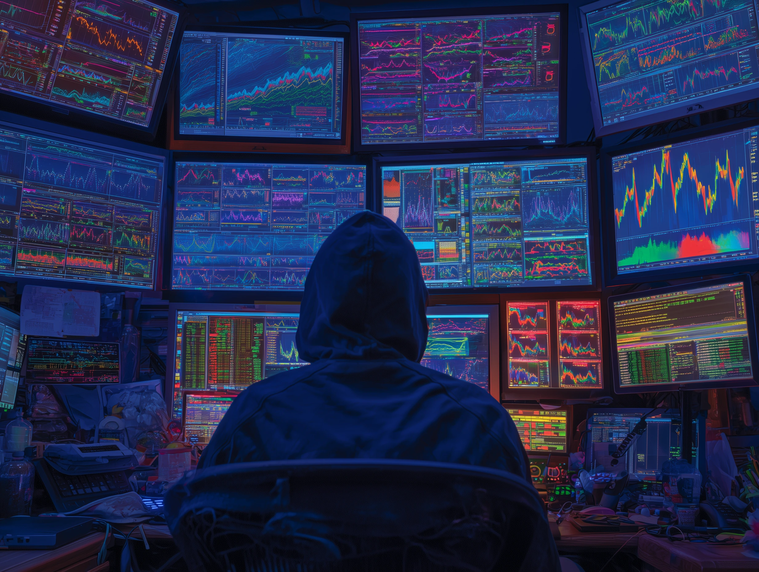 A nighttime trading room with multiple glowing monitors, each showing a unique visual representing a top MT4 indicator like MACD, RSI, and Bollinger Bands.