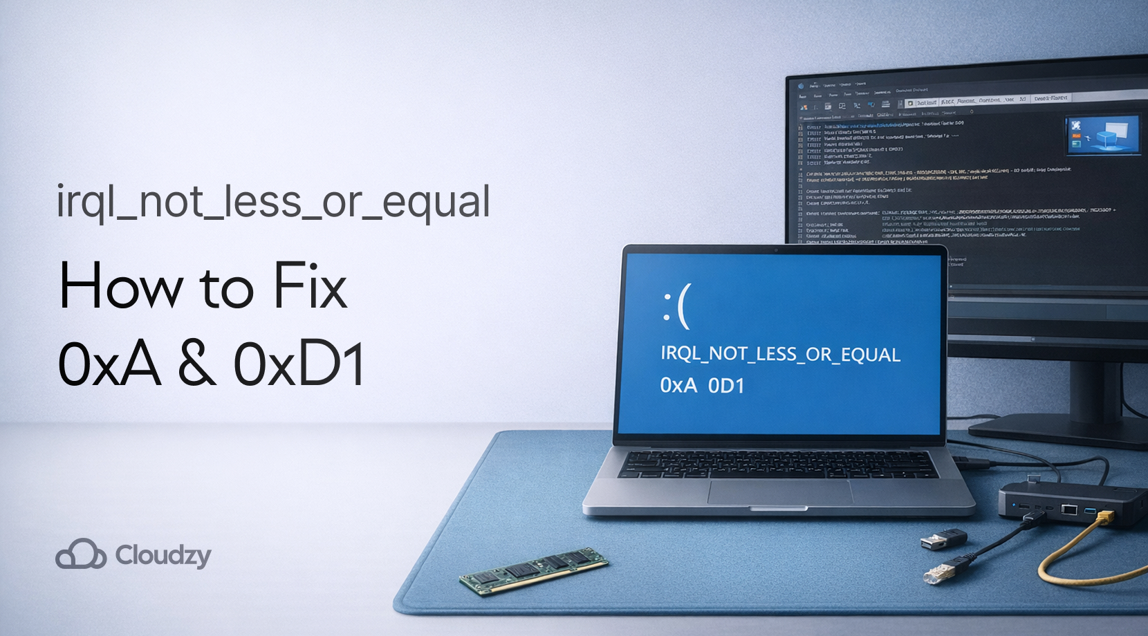 IT crash triage desk showing a laptop BSOD with stop code irql_not_less_or_equal (0xA/0xD1), plus RAM and USB/network adapters used during a driver irql not less or equal troubleshooting session.